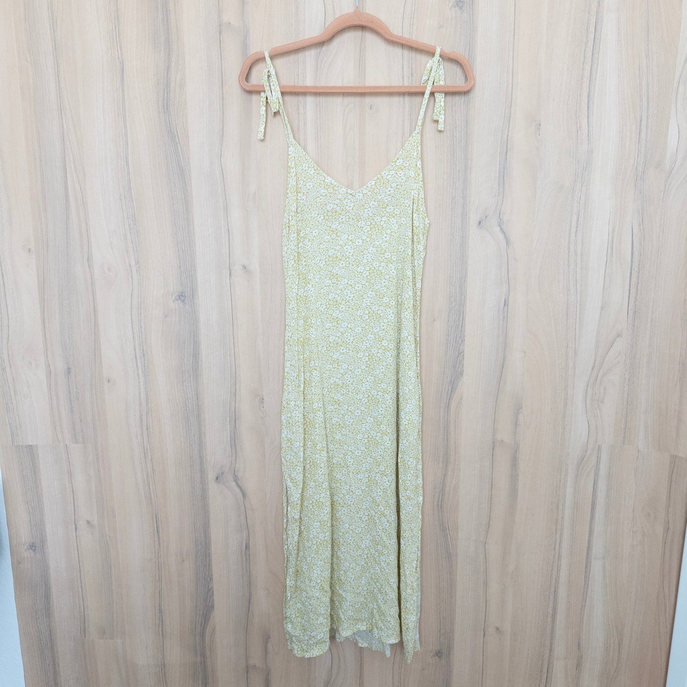 Billabong Floral Midi Dress Medium Chartreuse Tie Strap Slit Cottage Boho Beachy